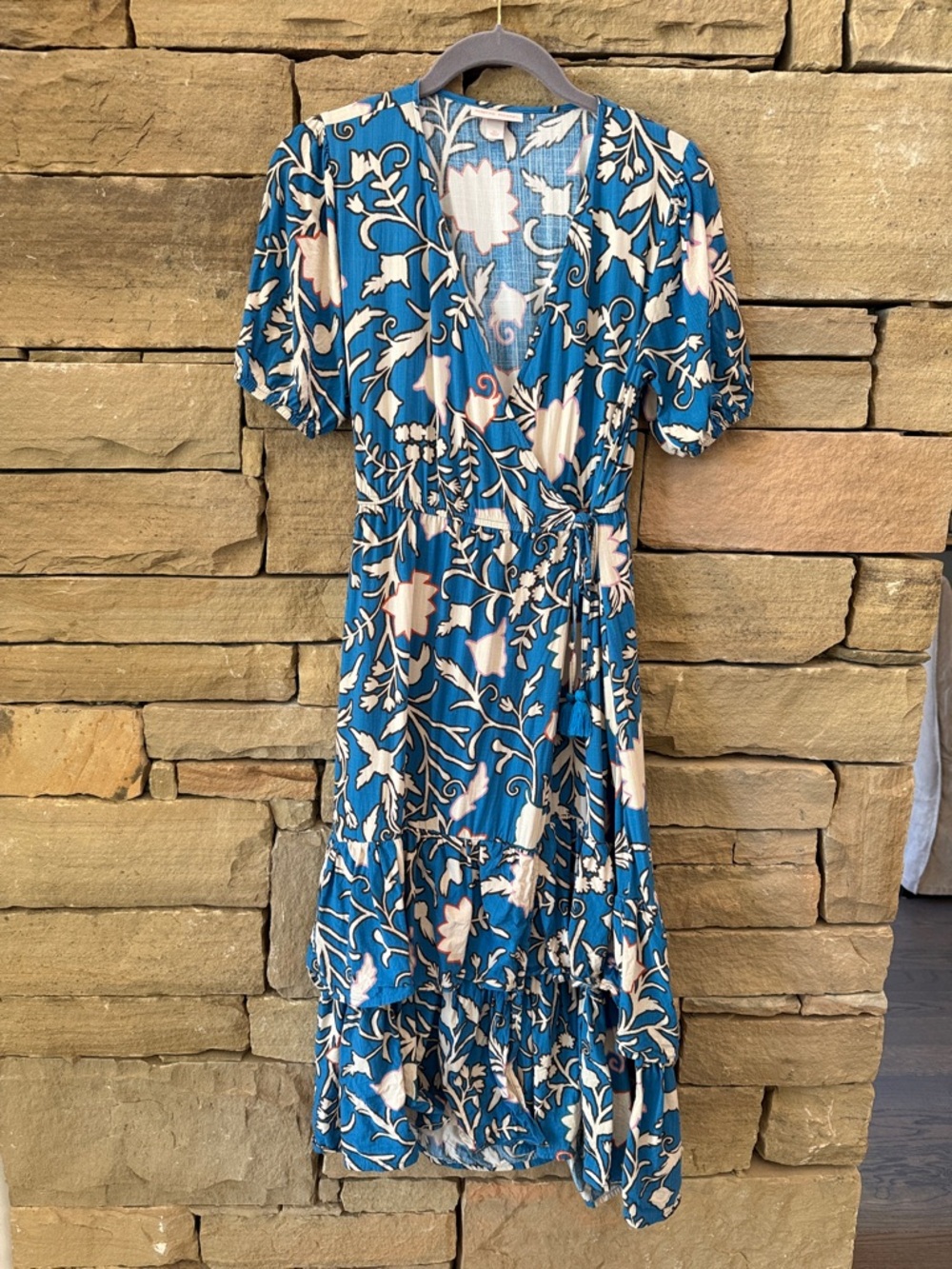 Knox Rose Blue Floral Midi Wrap Dress with Layered Ruffle Hem, V-Neck. Tie Waist